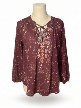 Violets & Roses Burgundy Floral Embroidered Tassel Boho Peasant Blouse Small